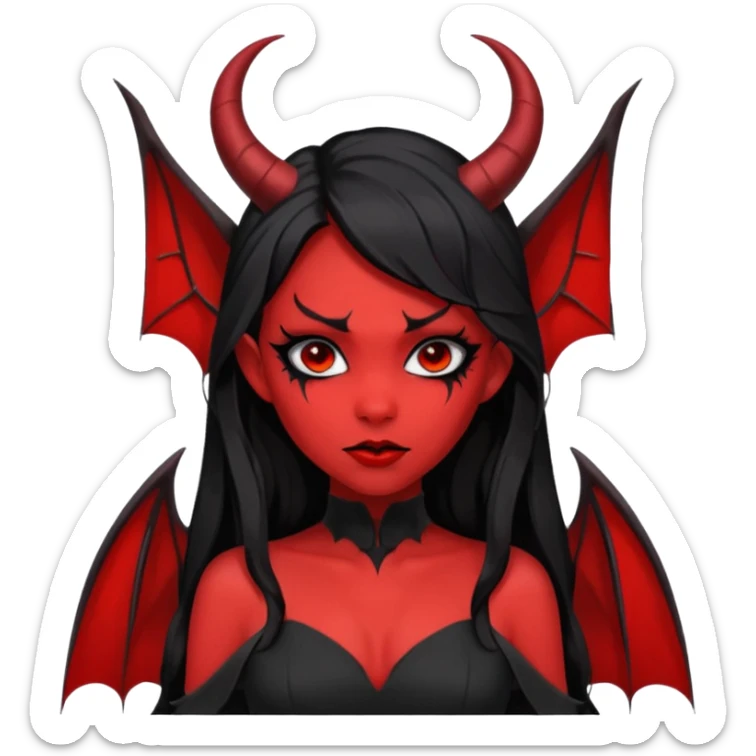 demon girl, skin red , black long hair, small horns, bat wing, black open-back dress, bold black outlines, red+black palette sticker