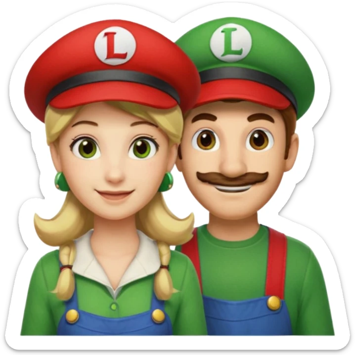 blonde female Luigi (with the Luigi green hat with an L on it) and a normal brown hair male Mario with the red hat with a M on it. They are friends just smiling. This video game sticker