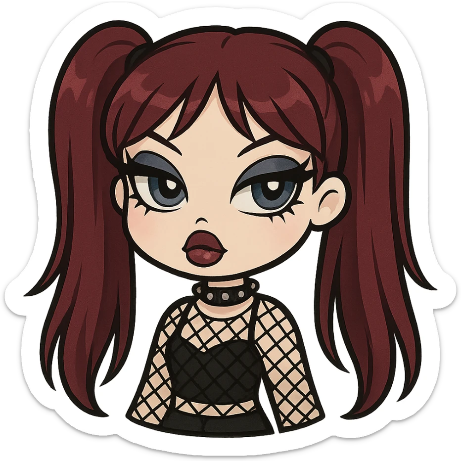 bratz-inspired emo girl, burgundy long hair in pigtails, pale skin, blue eyes, dramatic eyeliner, fishnet top, chibi sticker style sticker
