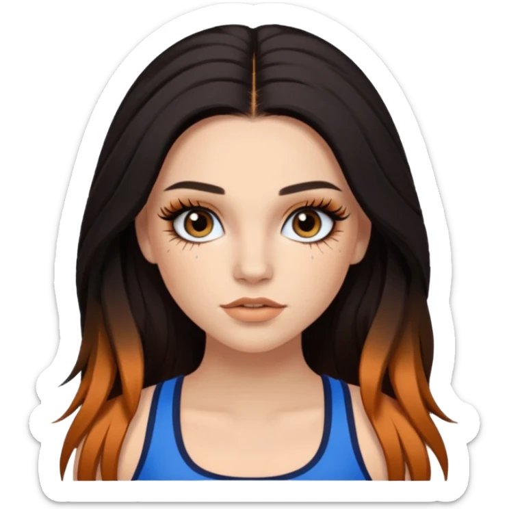 Pale girl with long black/brown hair with ginger streaks,wearing fake lashes,latina baddie makeup and a blue crop top sticker