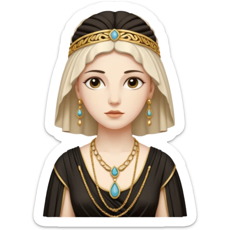 An emoji portrait of a Greek noblewoman. She wears a peplos dress with intricate folds and gold jewelry. Her expression is calm and intelligent. sticker