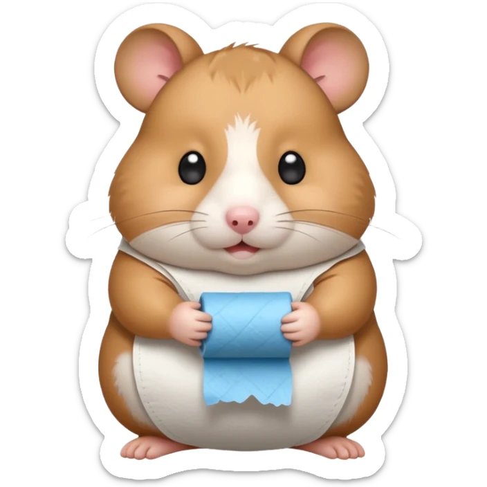 Cute chubby cartoon-style hamster sitting on toilet holding toilet paper looking as if he had an accident, sticker-style illustration sticker