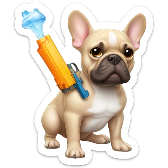 brown french bulldog holding  a water pistol sticker