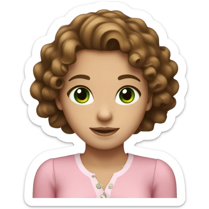 a brown-haired girl with green eyes, curly hair and a pink blouse sticker