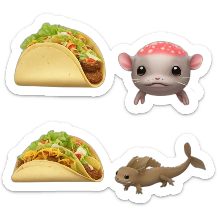 An axolotl on the head of an otter and a tacos sticker