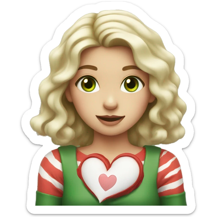 girl with red wavy stripes and green eyes with a heart in her hands sticker