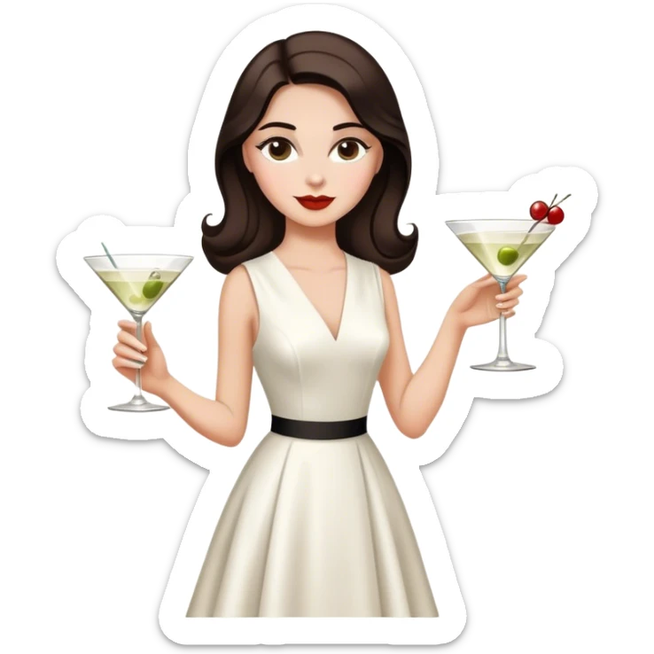 Beautiful woman in 1950’s woman fashion look, white dress, long dark brown hair, martini  sticker
