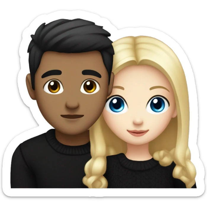 Blonde girl with blue eyes in black sweater and an east asian man with black hair and black eyes hugging sticker
