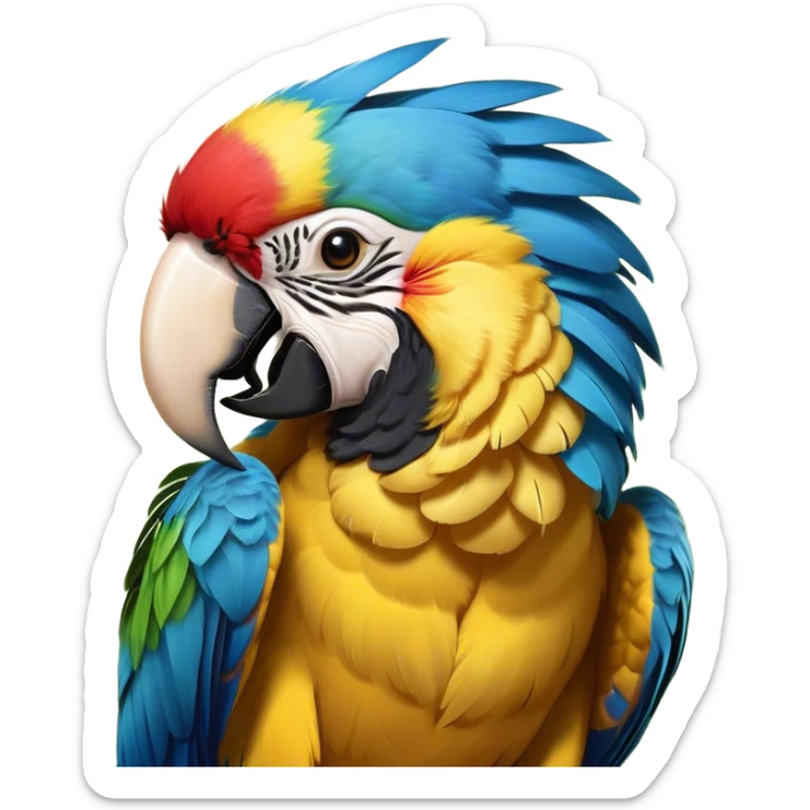 Cinematic Cute Yawning Macaw Portrait Emoji, Head tilted slightly with a dramatic, wide-open yawn, showcasing resplendent feathers and sleepy, half-closed eyes brimming with relaxed elegance, Simplified yet irresistibly adorable features, highly detailed, glowing with a soft, cozy tropical glow, high shine, relaxed yet expressive, stylized with a hint of whimsical charm, soft glowing outline, capturing the essence of a drowsy yet affectionate macaw that appears ready to stretch out for a nap! sticker