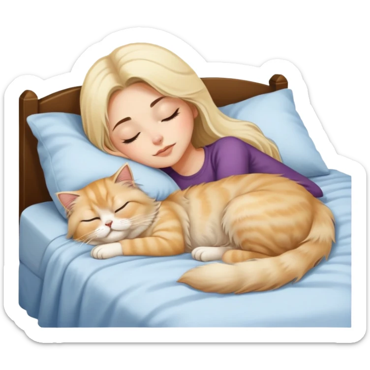 pretty girl with dark long hair sleeping with blonde fluffy  persian cat in bed sticker