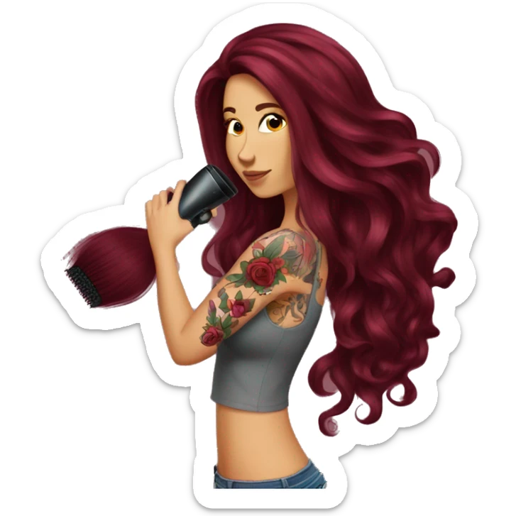 Beautiful tattooed  burgundy long haired woman blow drying her hair sticker