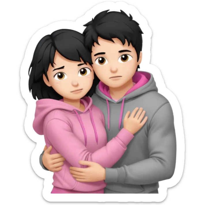 generate a pretty bratz fair skinned boy with messy black hair in a grey hoodie. Hugging his girlfriend who is wearing pink. Make him muscled. Boy in grey hoodie, girl in pink sticker