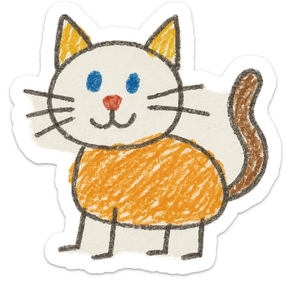 cat drawn with very simple and clumsy lines like a 1-year-old child, cute and rough feeling, children's drawing style with coloring outside the lines sticker