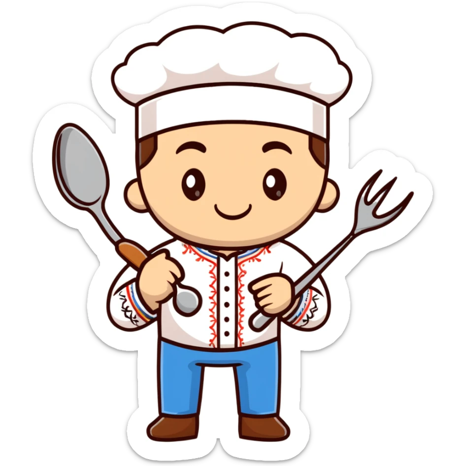 Ukrainian man in traditional white embroidered shirt holding a ladle and kitchen shears sticker