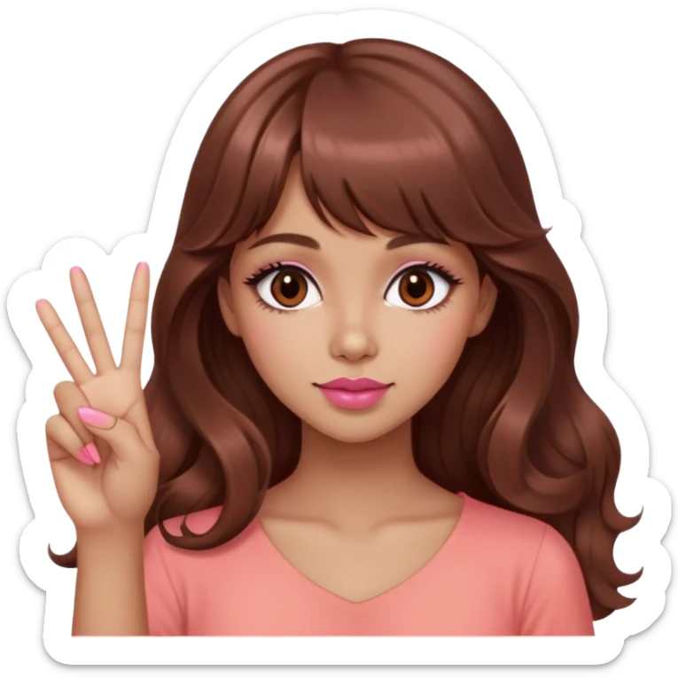 cute woman, light tan skin, big dark brown eyes, very long wavy auburn hair, bangs, pink top, coral lipstick, peace sign sticker