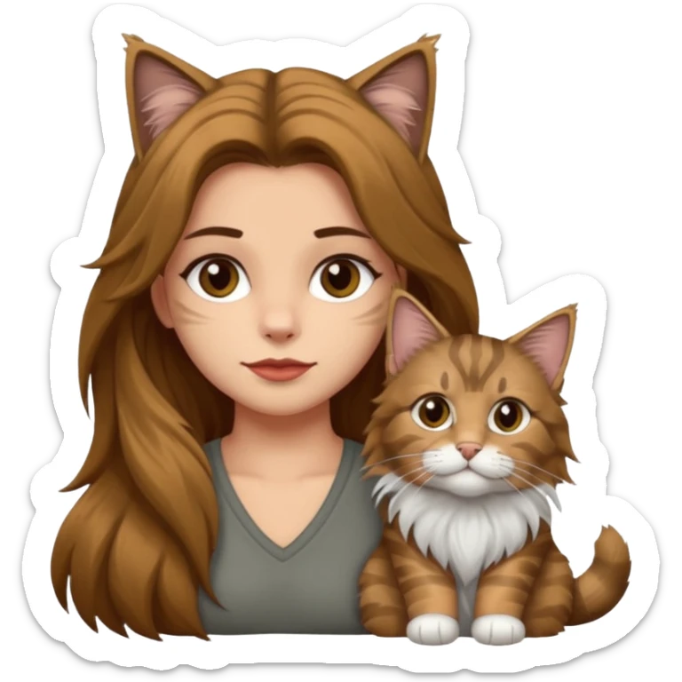 Emojis de una chica de pelo castaño largo sujetando un gatito gordo peludo mainecoon de colores gris negro y marrón  sticker