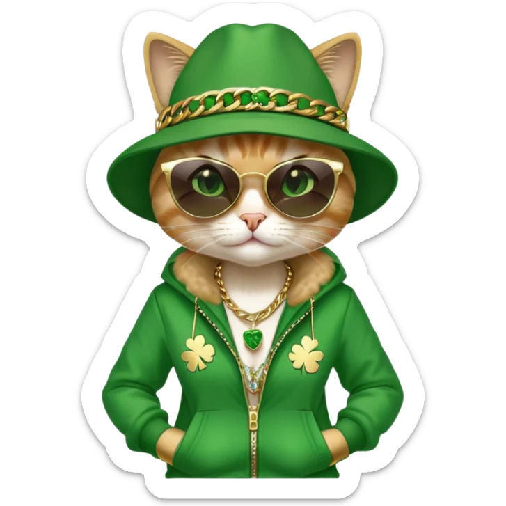 female cat in hip-hop Run DMC outfit, green tracksuit, fedora with shamrock, dark sunglasses, gold chains, bling accessories, St. Patrick's Day theme sticker