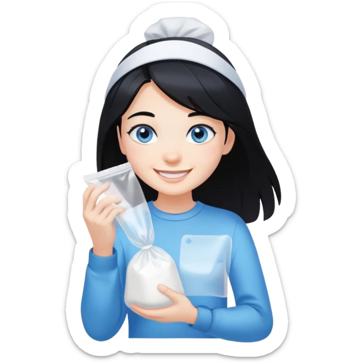 Black hair blue eye Girl smiling holding a clear plastic bag with white powder sticker