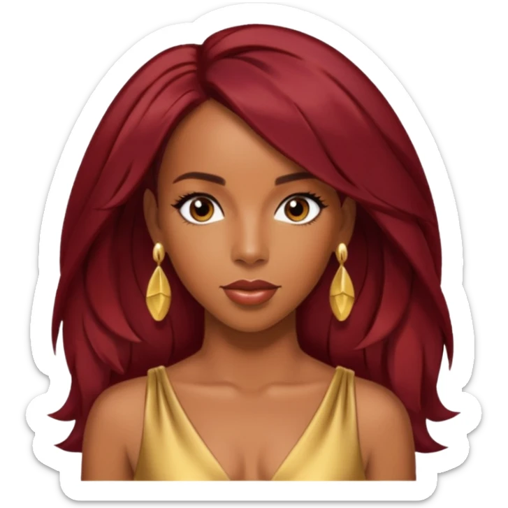 Kelly Rowland Dark Red Hair, Brown Eyes, Gold Dress with earrings sticker