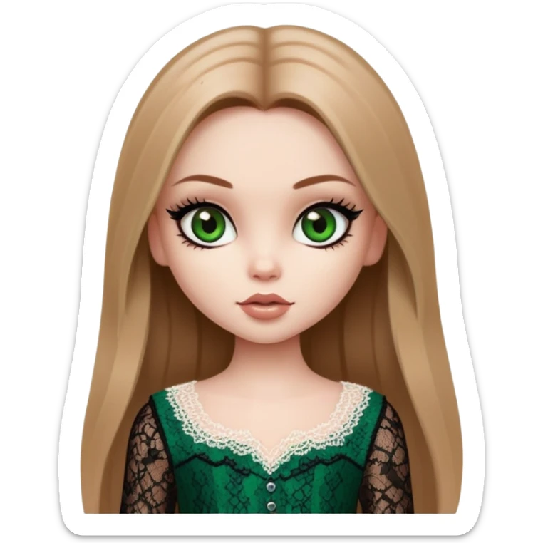 pretty bratz girl, long straight light brown hair, dark green eyes, black eyeliner, pale skin, dark girly lace clothes sticker