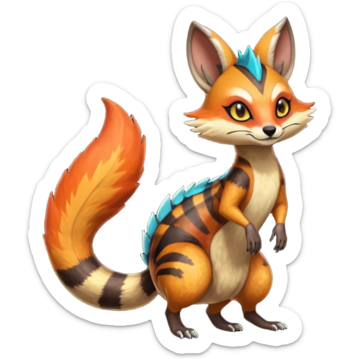 Fiery Wicked Cool Hot Edgy Badass Genet-Numbat-Sergal-Meloetta-Vernid-fusion-hybrid-creature sticker