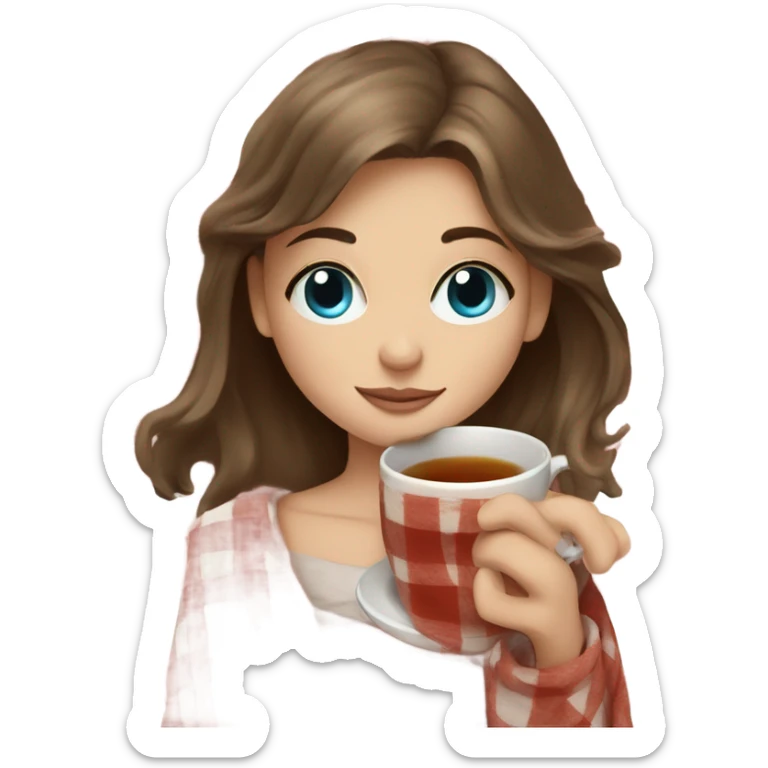 Girl with brown hair and blue eyes sipping on a tea wrapped in a plaid blanket  sticker