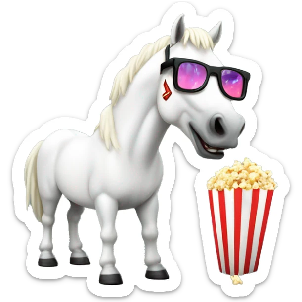 white horse watches a movie in 3D glasses and eats popcorn with "Ritz Films" inscription sticker