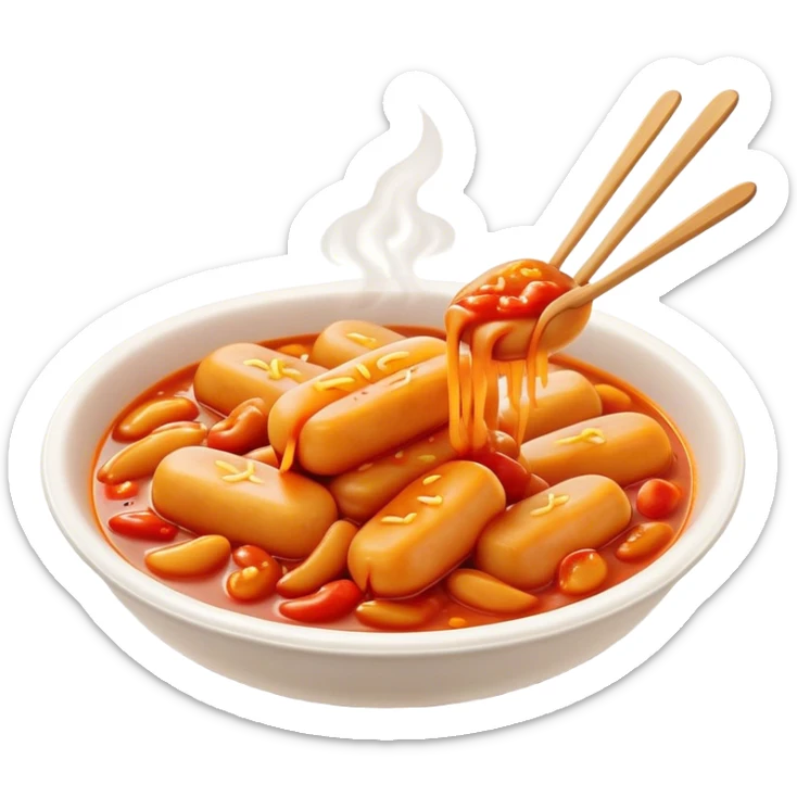 Cinematic Realistic Tteokbokki Dish Emoji, showcasing spicy, chewy rice cakes in a fiery sauce rendered with lifelike detail and bold, dynamic lighting. sticker