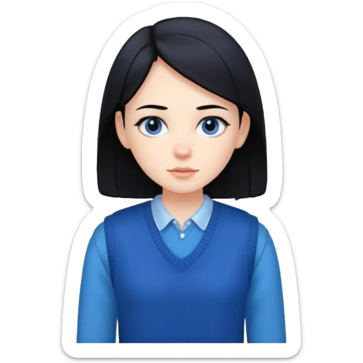make a girl hair short black and wear bunny skin pale ok and wear Sweater vests blue and make little bit a younger sticker
