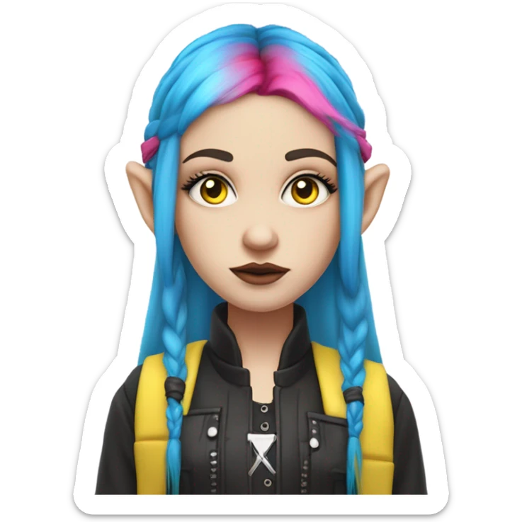 Blue eyed long eye lashes pout blonde and pink hair pale hime gyaru girl, hot pink and yellow split-dyed hair, nose ring, elf ears, dark makeup, punk clothes sticker