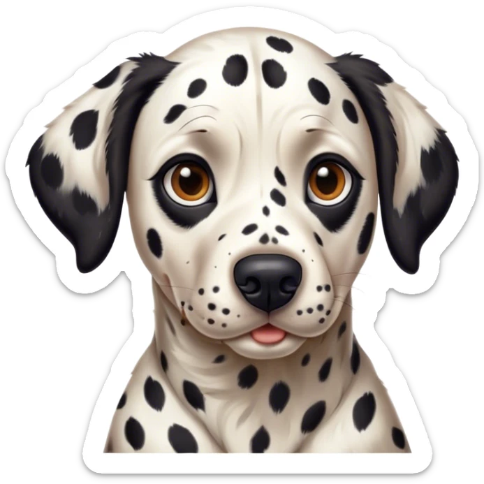 Cinematic Realistic full-body portrait of a Dalmatian dog, rendered with glossy, meticulously detailed spotted fur and expressive, alert eyes, set against a clean, neutral backdrop that highlights its regal and athletic stance. sticker