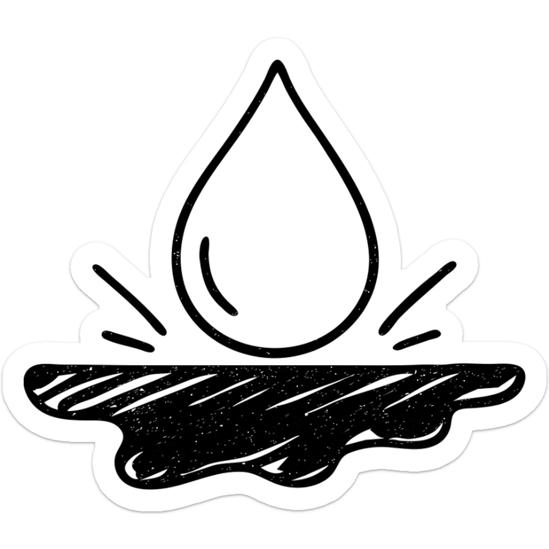hand-drawn outlined icon of a light blue or silver water droplet sliding on glossy black paint, subtle repellent effect with lines, clean and modern sticker
