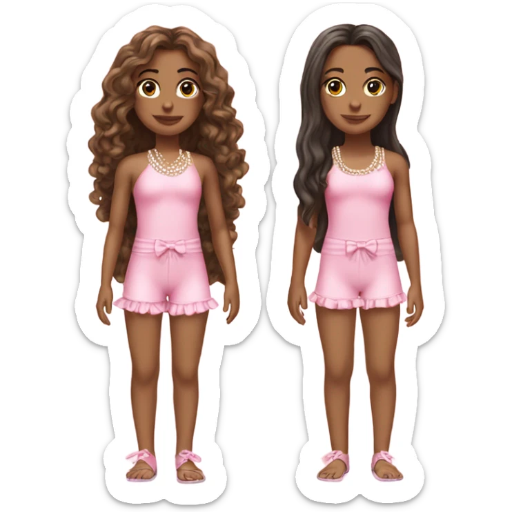 two teenage Latina twins. pink. Long hair. Pink bows. Pearls. Light pink. Diamonds outfits. swimsuit sticker