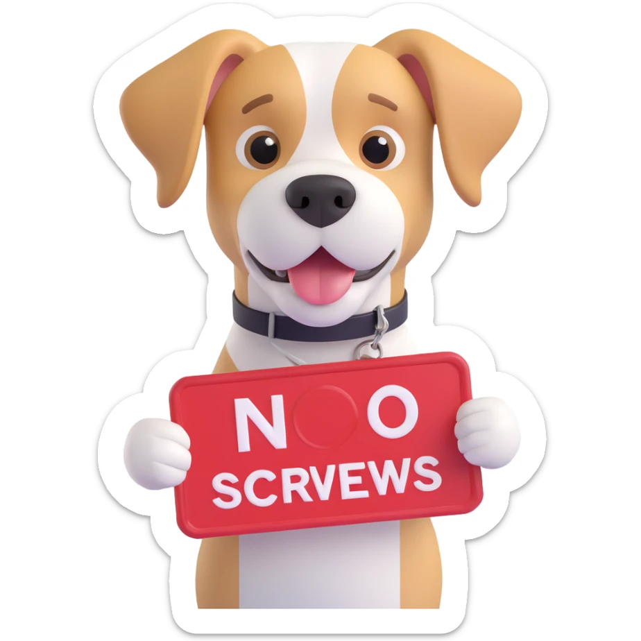 humorous emoji of a dog holding a 'no screws' sign, for 'Don't screw the pooch' sticker