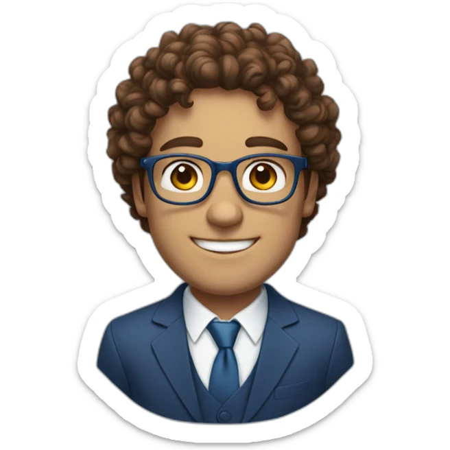 Young big Business man with brown curly hair and round Glasses, smiling, blue suit, without tie sticker