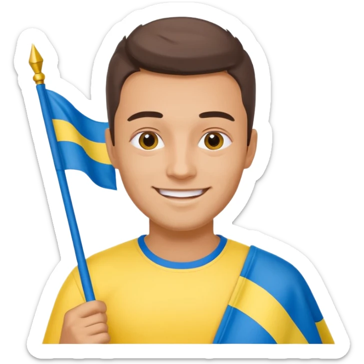 photorealistic Ukrainian man with the flag of Ukraine sticker
