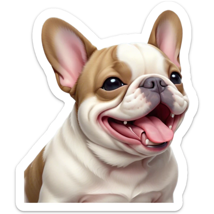 Cinematic Cute Yawning Pied French Bulldog Portrait Emoji, Head tilted with an exaggerated, endearing yawn and sleepy, squinty eyes, showcasing a unique pied fur of contrasting colors with a playful expression, simplified yet irresistibly adorable, highly detailed, glowing with a soft, cozy radiance, high shine, exuding a relaxed, humorous charm, styled with a gentle, soft glowing outline, capturing the essence of a Pied French Bulldog in a blissfully cute yawn that warms the heart! sticker
