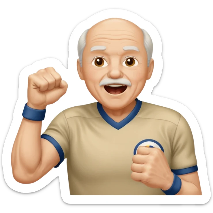 A grandpa in a vintage jersey, pumping his fist and shouting proudly. sticker