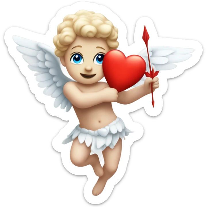 Realistic Photo of flying pale cupid with blue eyes and red heart arrow  sticker