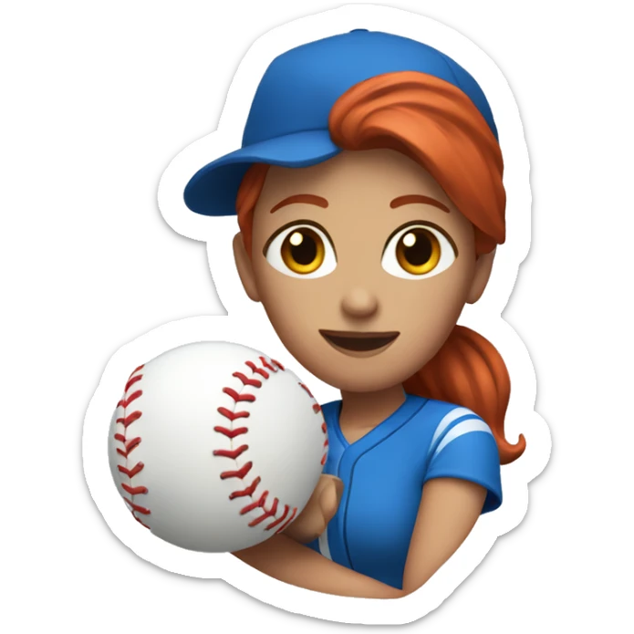 female coach with red hair in blue shirt and with a blue baseball  sticker