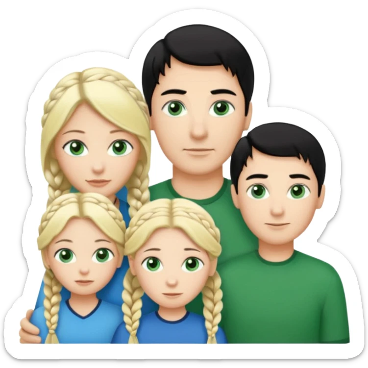 familia hombre de pelo negro con un mechon blanco de piel blanca ojos verdes, esposa de rubia con una trenza y ojos azules, hija rubia de ojos verdes y hijo pelinegro con ojos verdes sticker