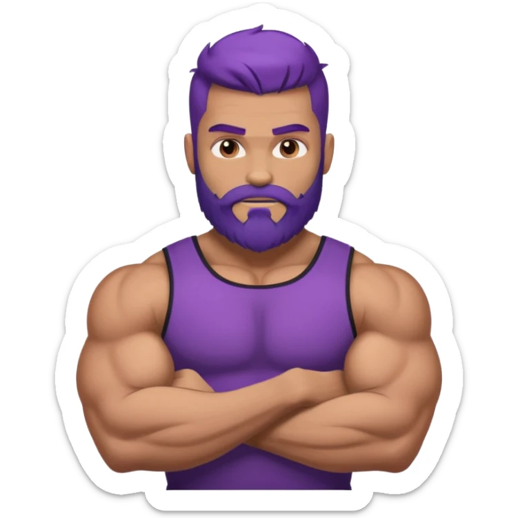strong muscular man with big bicepts with half dark brown and half purple hair with beard sticker