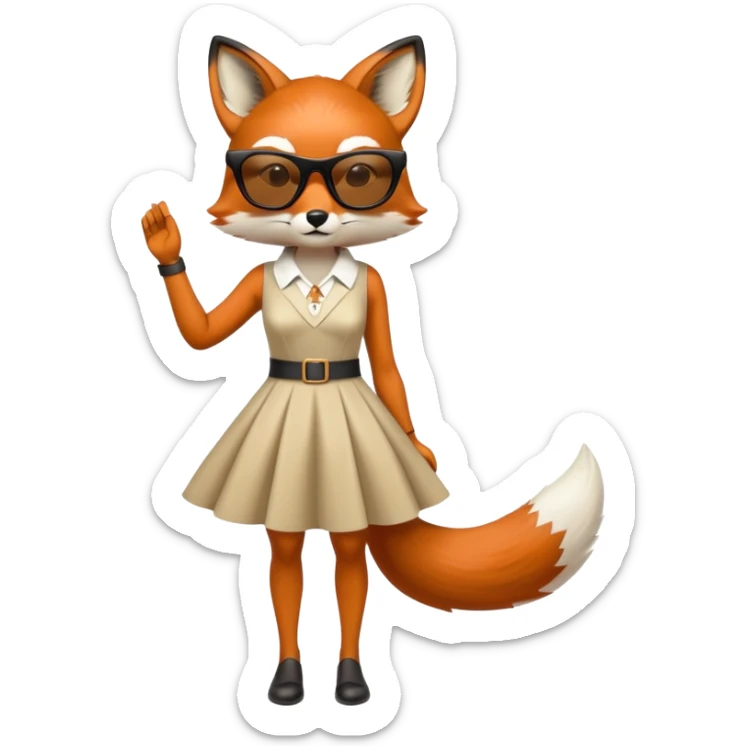 serious anthropomorphised female fox in stylish dress with sunglasses, full-body view sticker