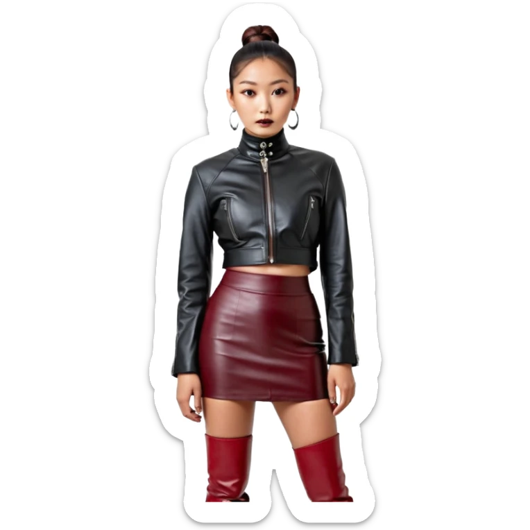 Full-body shot of an East Asian woman with a sleek bun at the nape of the neck, not a high bun. Oversized black leather jacket to the hips, black turtleneck, silver orb necklace. Red leather mini skirt, burgundy tights, red long boots. Fashion-editorial style. sticker