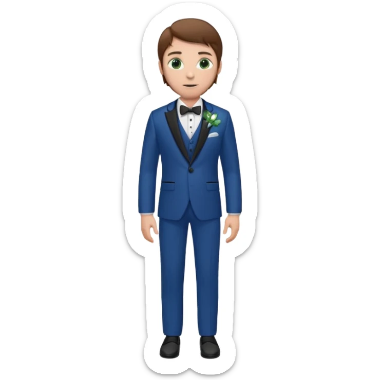 Chico blanco, pelo castaño, ojos verdes, traje boda azul y flor solapa , cuerpo entero sticker