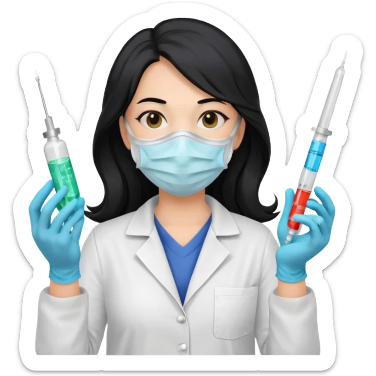 laboratorista con guantes  y mascarilla jeringa tubos  pelo negro largo triguella sticker