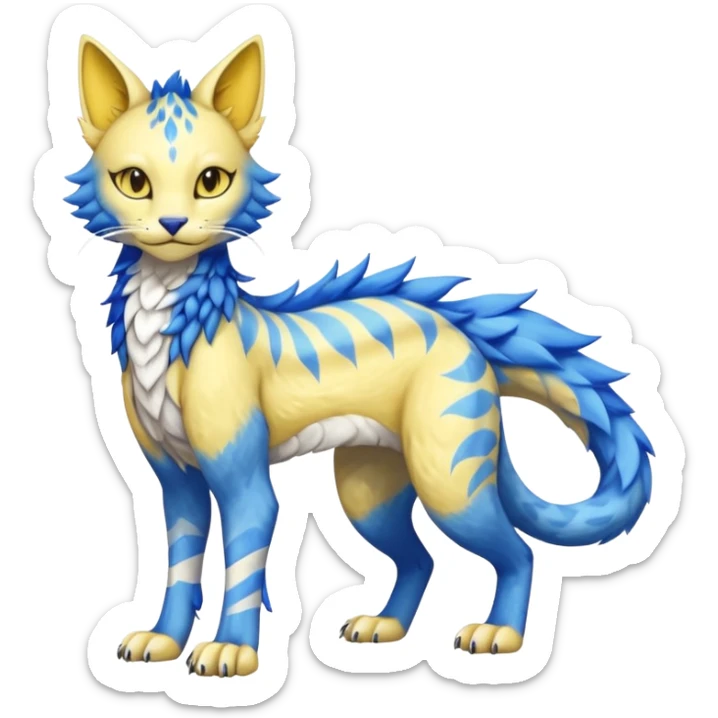 Kawaii yellow and blue beautiful pretty elegant divine edgy fantasy feline-vernid-sergal-fursona animal creature with a tufted tail full body with intricate markings  sticker