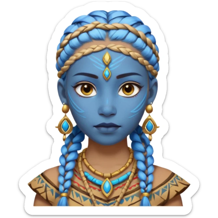 Draw a Na’vi female with glowing blue skin, white forehead markings, braided hair, gold earrings & a calm gaze. sticker