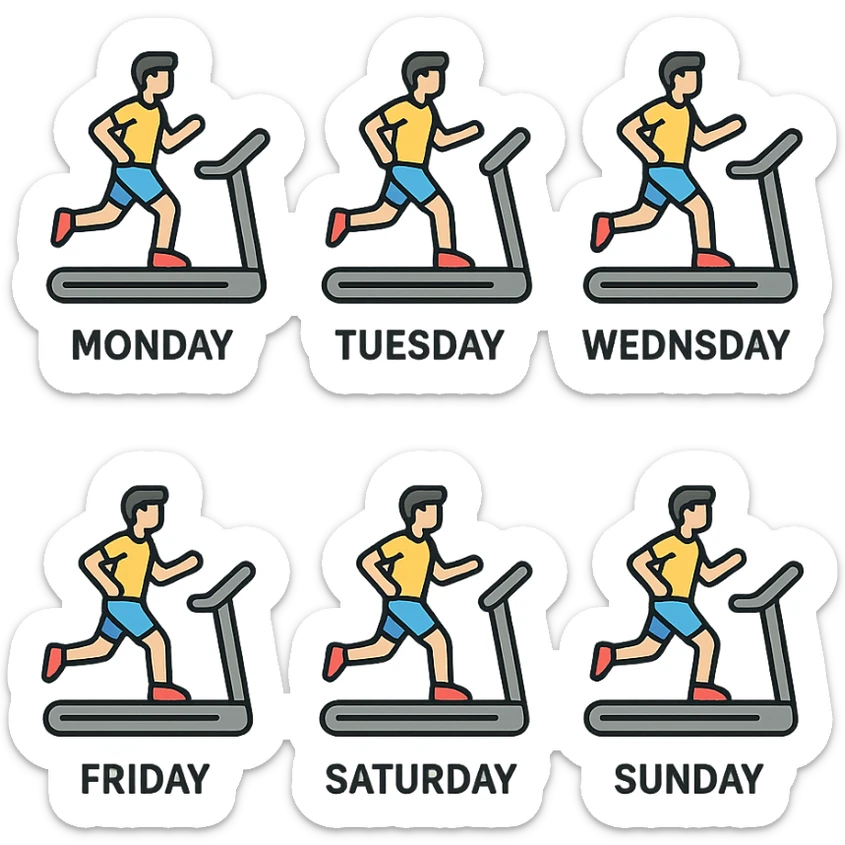 A picture is into seven parts showing a sportsman runnig on the treadmill. In each little picture there is a name of the days of the week, from monday to sunday sticker