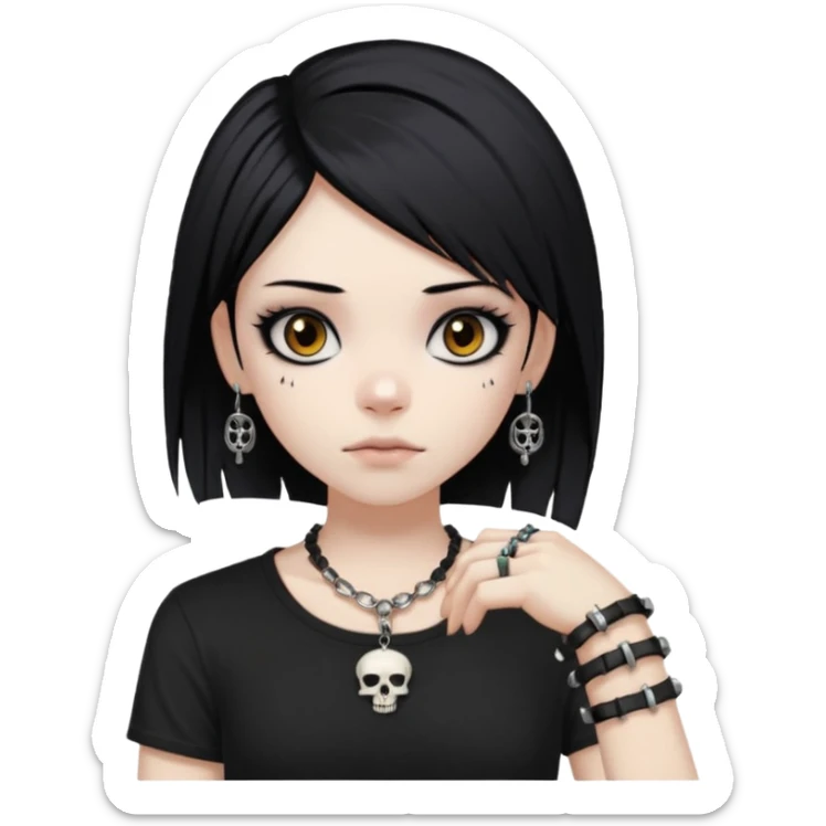 vkei styled black hair, pale skin, brown eyes with eyeliner (emo looking) and black shirt with skull and punk bracelets sticker